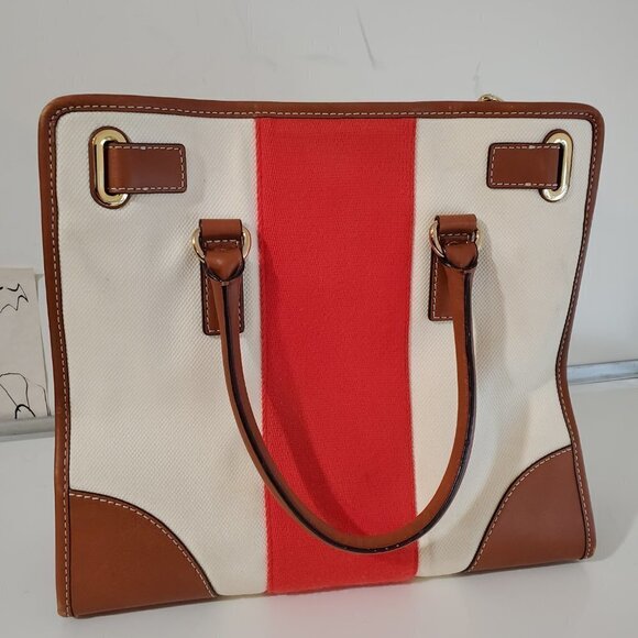 MICHAEL KORS purse Hamilton Red stripe Cream canvas/leather handbag bag 14x12x6 - Picture 7 of 13